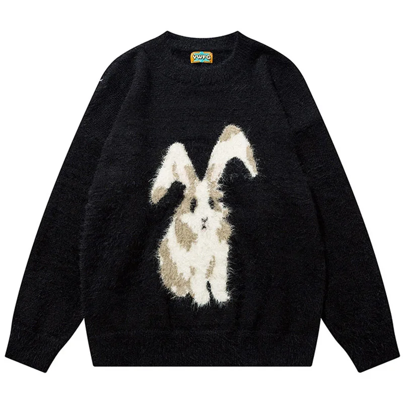 2023 Autumn Round Neck Rabbit Print Sweater Men's Casual Loose Solid Color Comfortable Sweater Couples Street Fashion Pullover