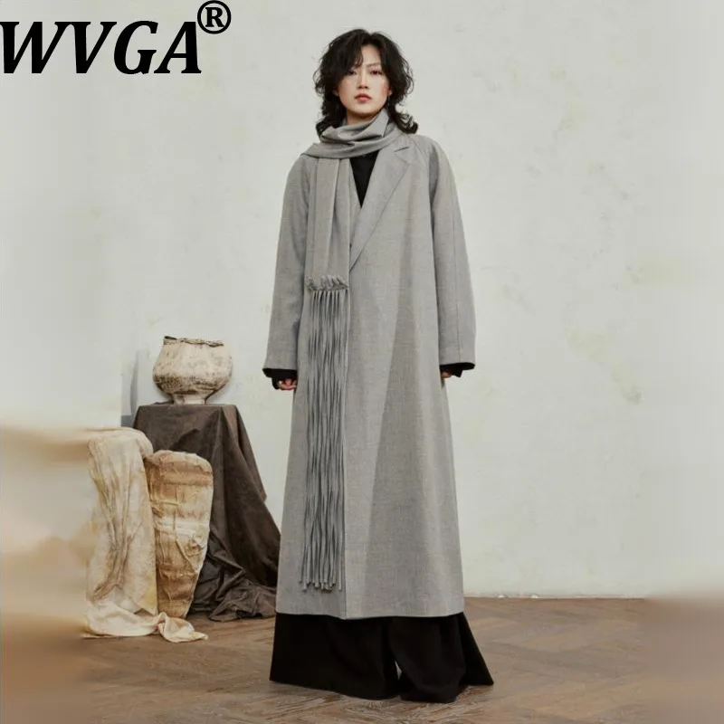 WVGA Autumn Winter New Men's Niche Design Trendy Minimalist Tassel Scarf Two-Piece Sets Long Blazer Casual Trenchcoat Ins W27322