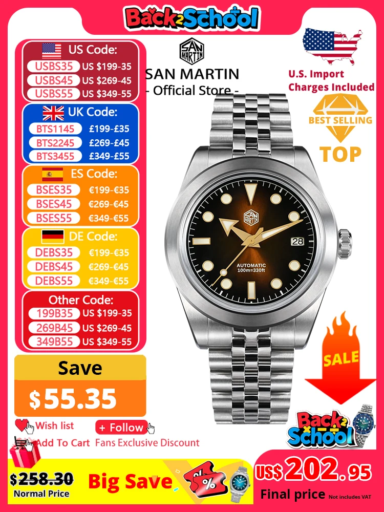San Martin 39mm Men Luxury Sport Watch Sunray Enamel Dial NH35 Automatic Mechanical Self Winding Waterproof 100m Luminous SN0053