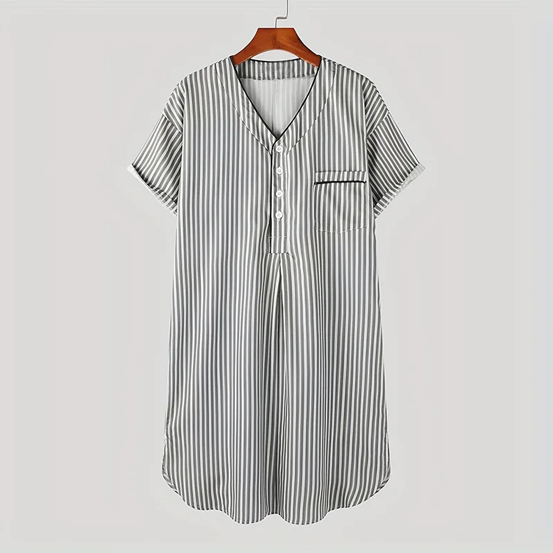 Muslim Thin Short Sleeved Robe With Middle Eastern Arabic Stripes V-neck Button Casual Loose Fitting Nightgown