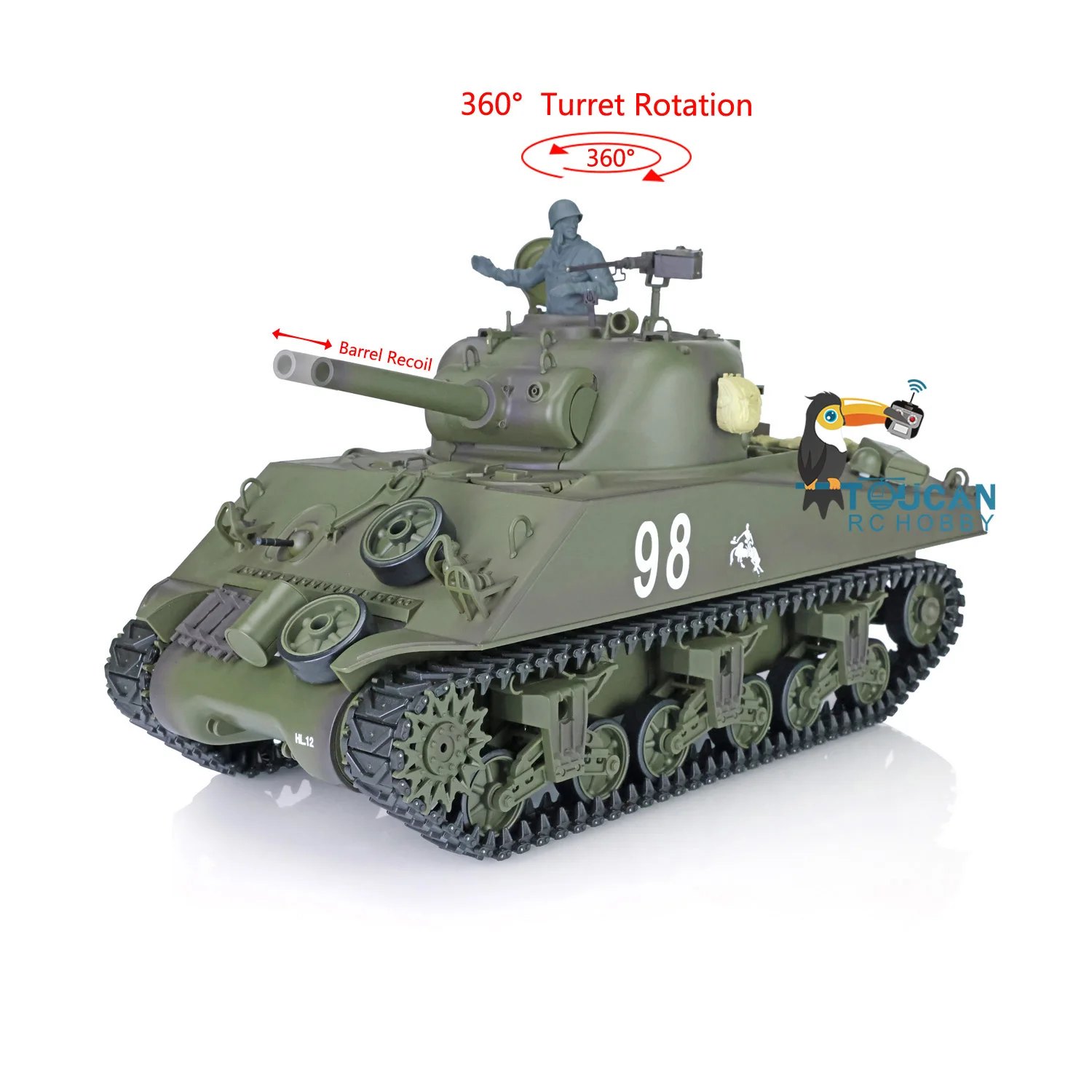 1/16 7.0 Henglong Toucanhavy DIY 플라스틱 탱크, M4A3 SherRC 3898, 360 메가 터렛 배럴 반동