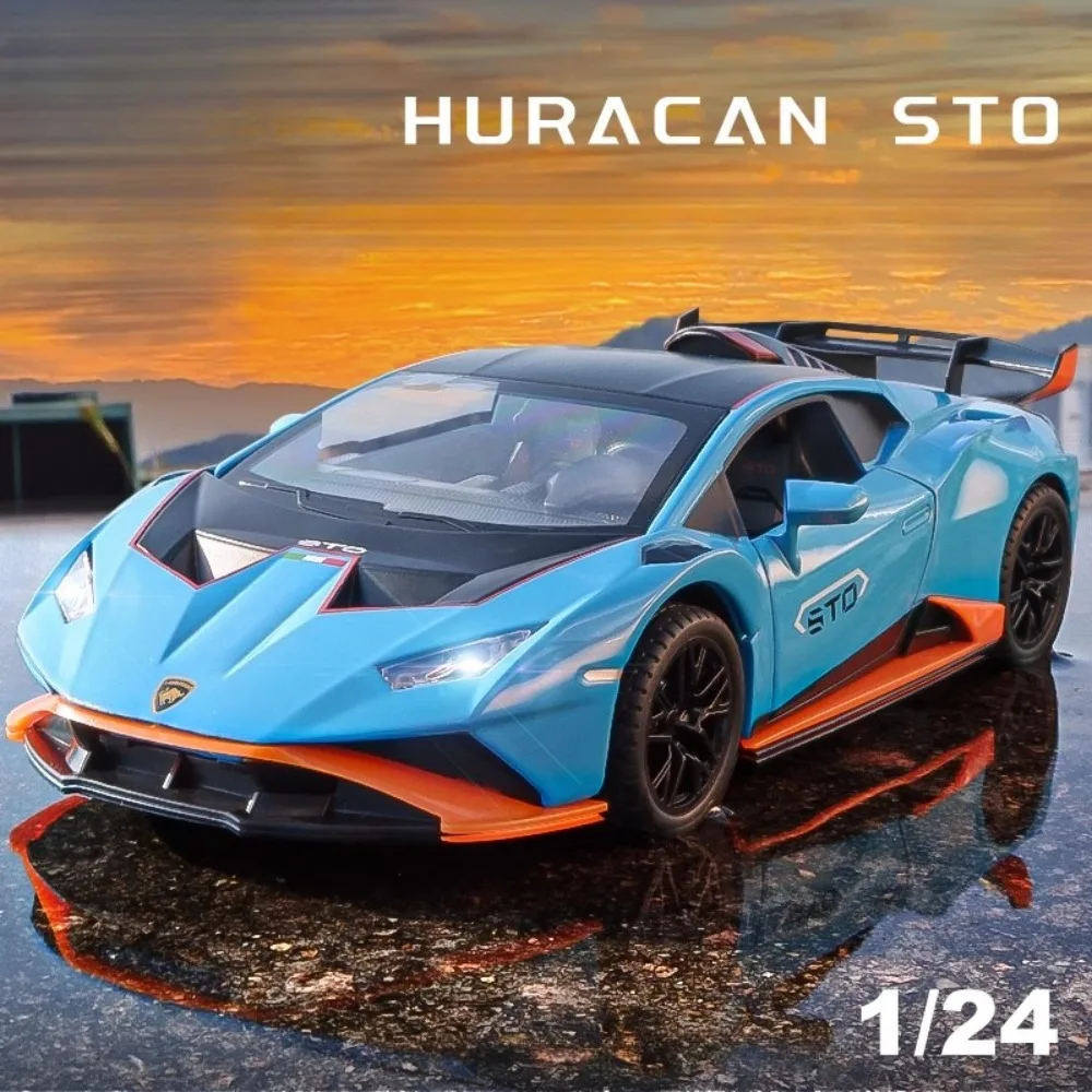 1:24 Scale Huracan STO Sports Car Model Toy Alloy Diecast Pull Back Music Light Supercar Miniature Models for Children Gifts