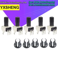 5Sets=10PCS RV09 Vertical Adjustable Resistor 1K ~ 500K Ohm New 3Pin Seal Potentiometer For Arduino With Knob White Cap (5+5)Pcs