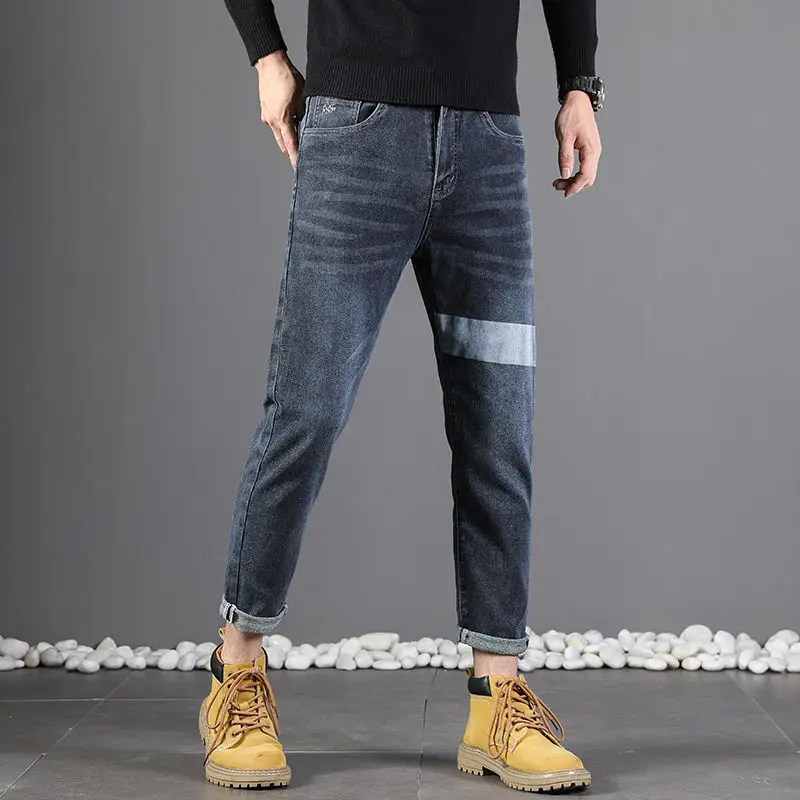 2023Autumn New Youth Trend Four Seasons Versatile Jeans Men Blue Zipper Button Pocket Slim Personalized Loose Wash Harlan Pants