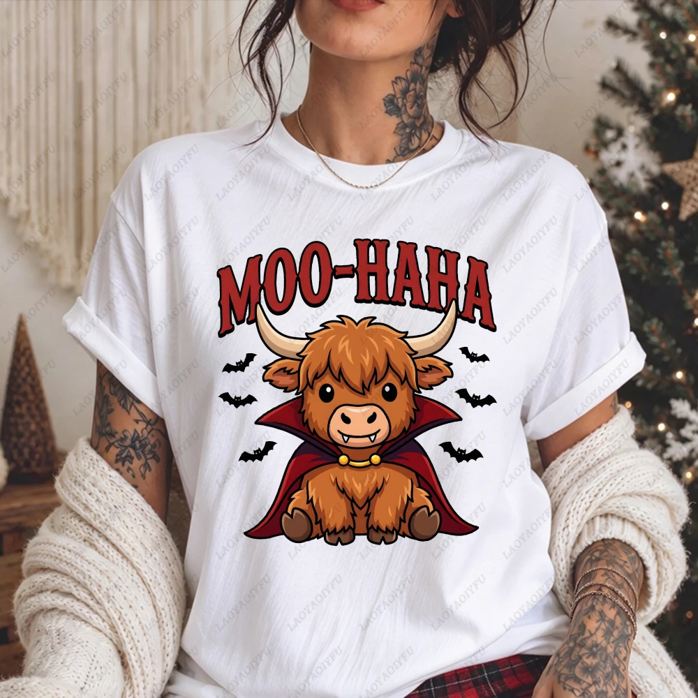 Moo Haha Vampire Highland Cow Graphic Women Short Sleeve T-Shirt Funny Cute Spooky Halloween Farm Animal Gift Women Clothing