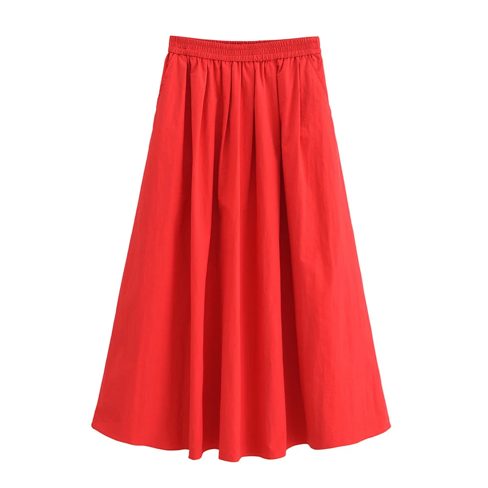 PB&ZA2024 Summer New Product Casual Women\'s Wear Simple and Fashionable Solid Color Wide Swing Midi Half Skirt