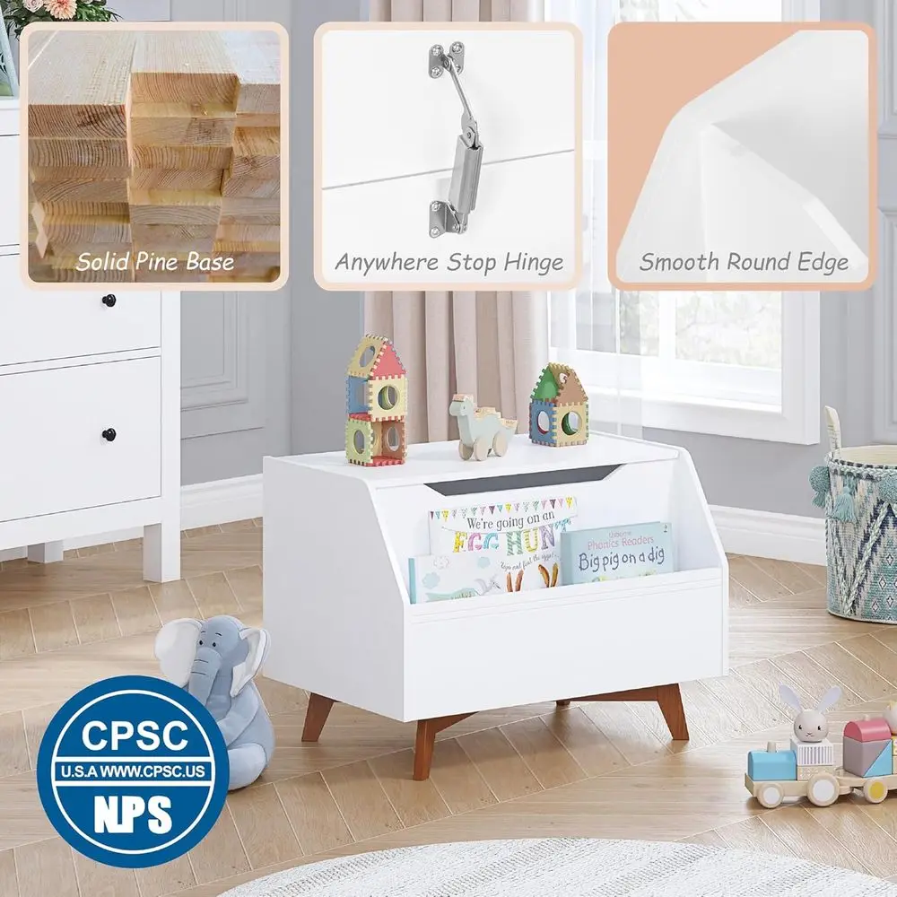 White Wooden Toy Chest with Front Book Holder, Kids Storage Bench Organizer for Boys & Girls