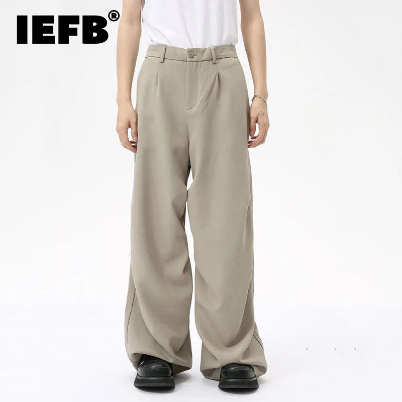 

IEFB American Style Men's Suit Pants Pleated Solid Color Drape Straight Trousers Wide Leg Male Bottom Business Casual 9C7031