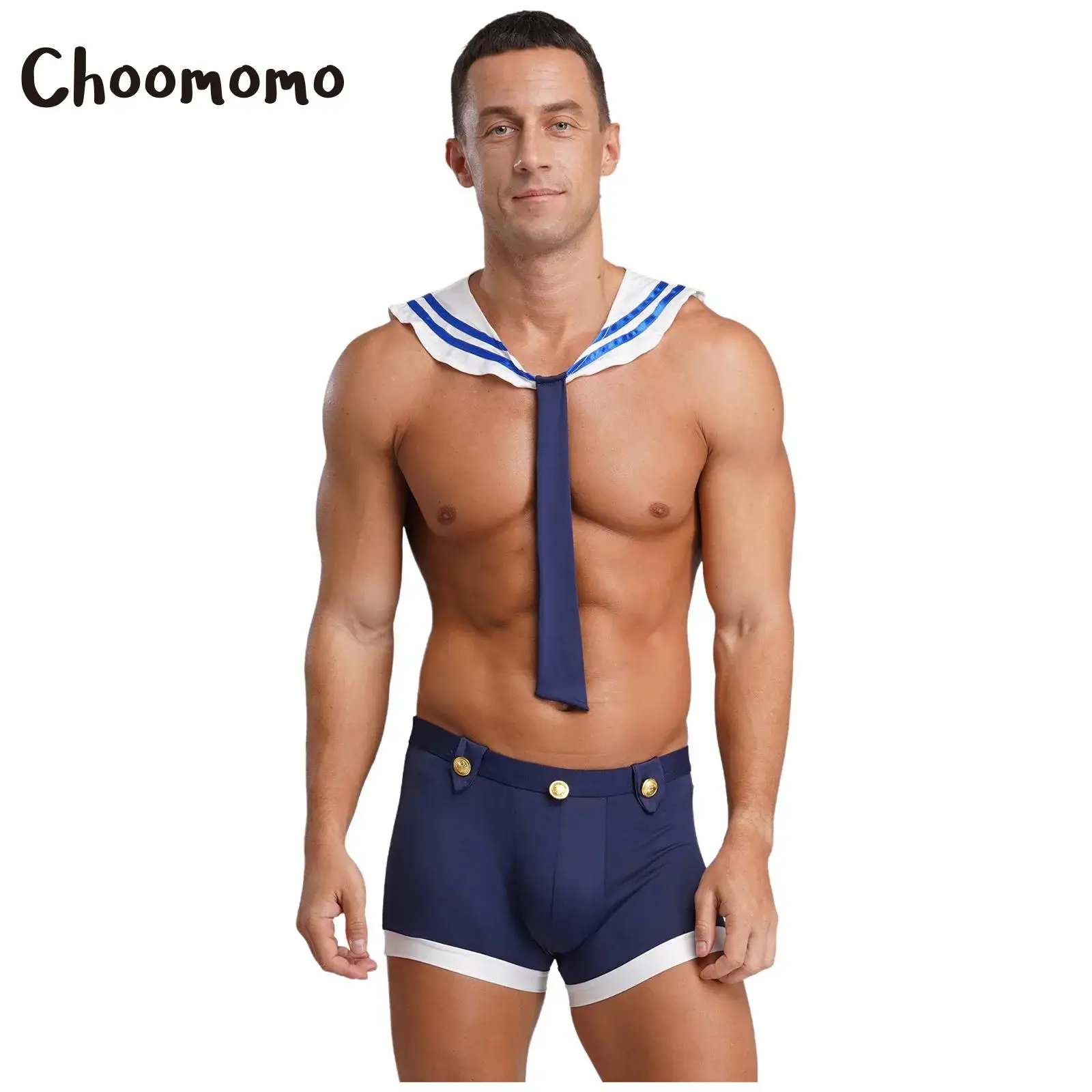 

Men Navy Sailor Suit Costume Sets Collar with Necktie Bulge Pouch Boxer Shorts Fancy Dress Up Halloween Sailor Captain Uniforms