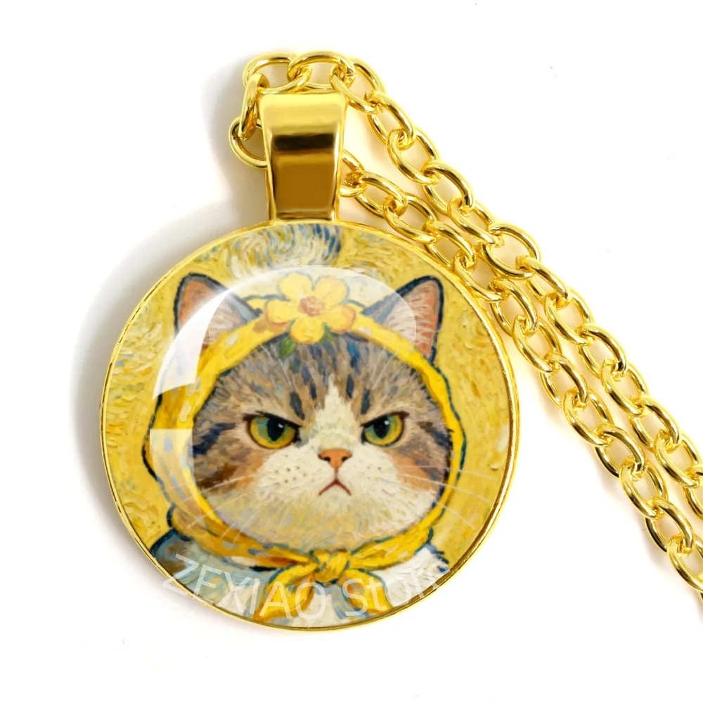 Van Gogh Starry Night Sunflower Glass Pendant Necklace Creative Animal Design Cat Dog Hamster Rabbit Duck Oil Painting Necklace
