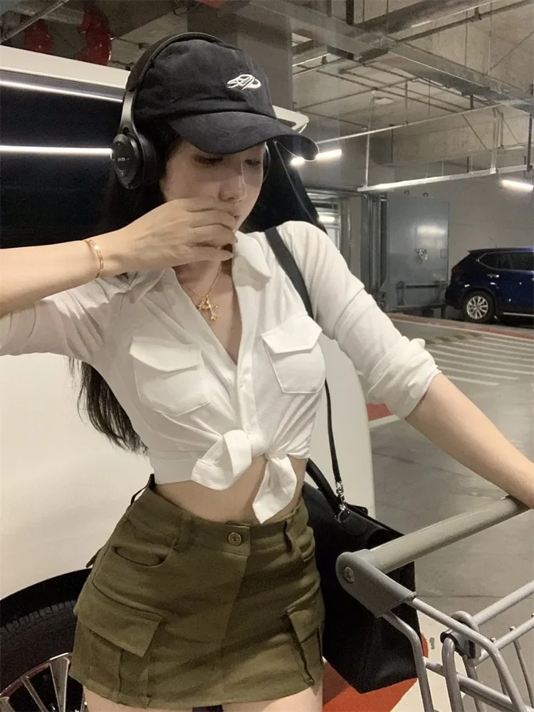 

Сексуальные рубашки с длинным рукавом, женские милые модные ретро повседневные универсальные рубашки для похудения с отложным воротником, уличные поездки на работу