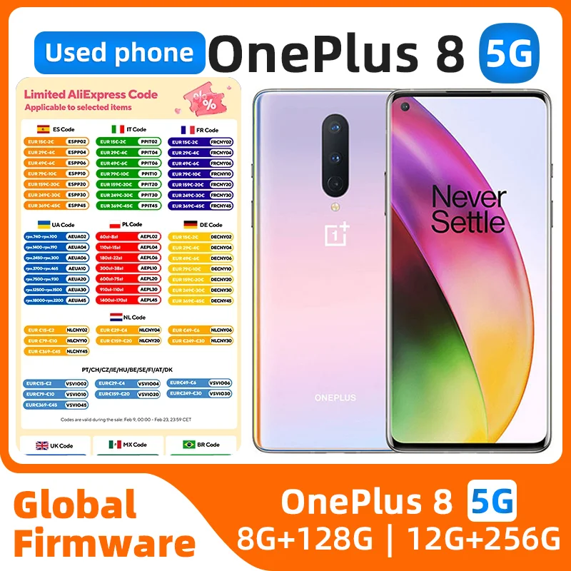 

Oneplus 8 5G Snapdragon 865 6.55" Mobile Phone 12GB RAM 256GB Dual SIM Card Full Screen Original used phone