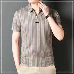 2024 New Summer Business and Leisure High-end Slim Fit No Iron Drape Oversized Collar Striped Short Sleeved Polo Shirt for Men