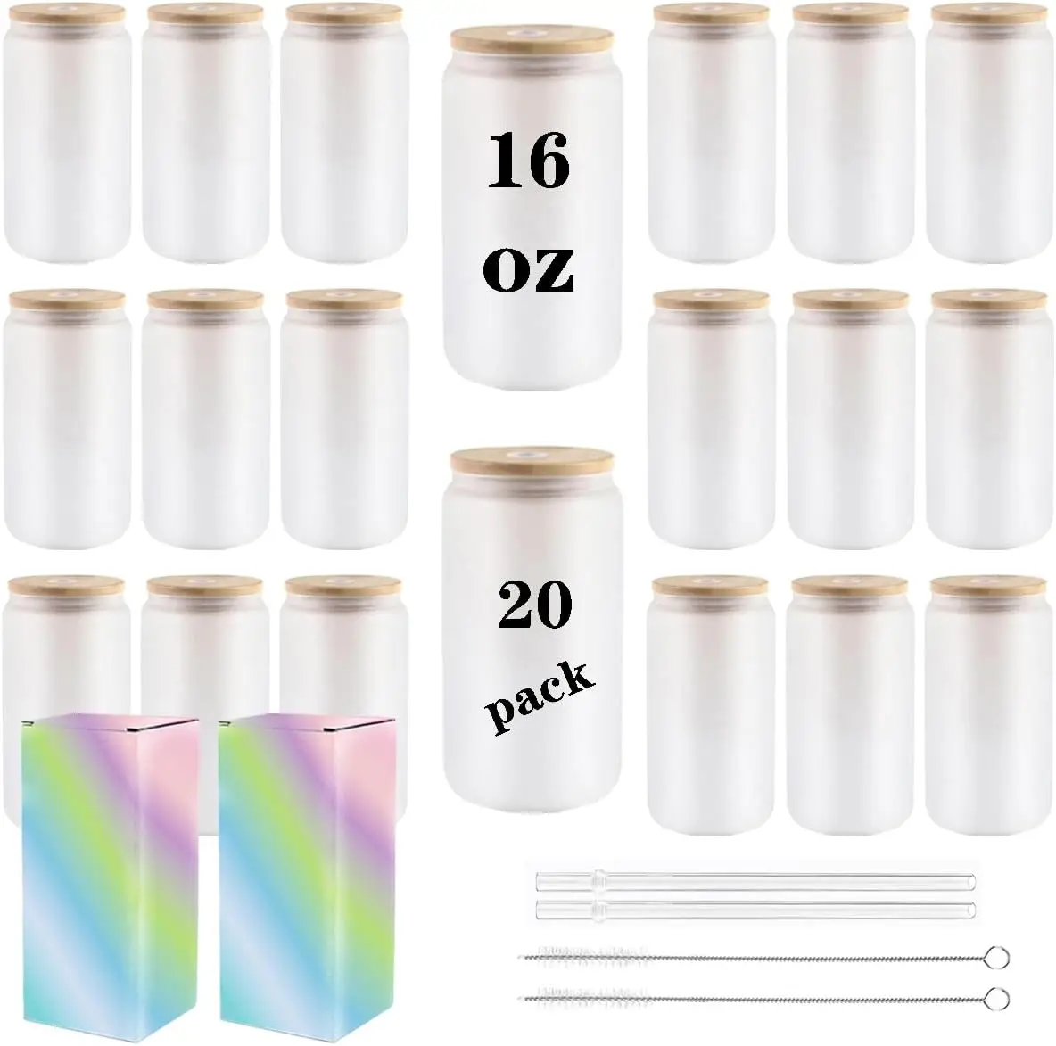 

Стаканы из матового стекла с бамбуковыми крышками, 16 унций, 20 штук, заготовки для сублимации, в комплекте с трубочками