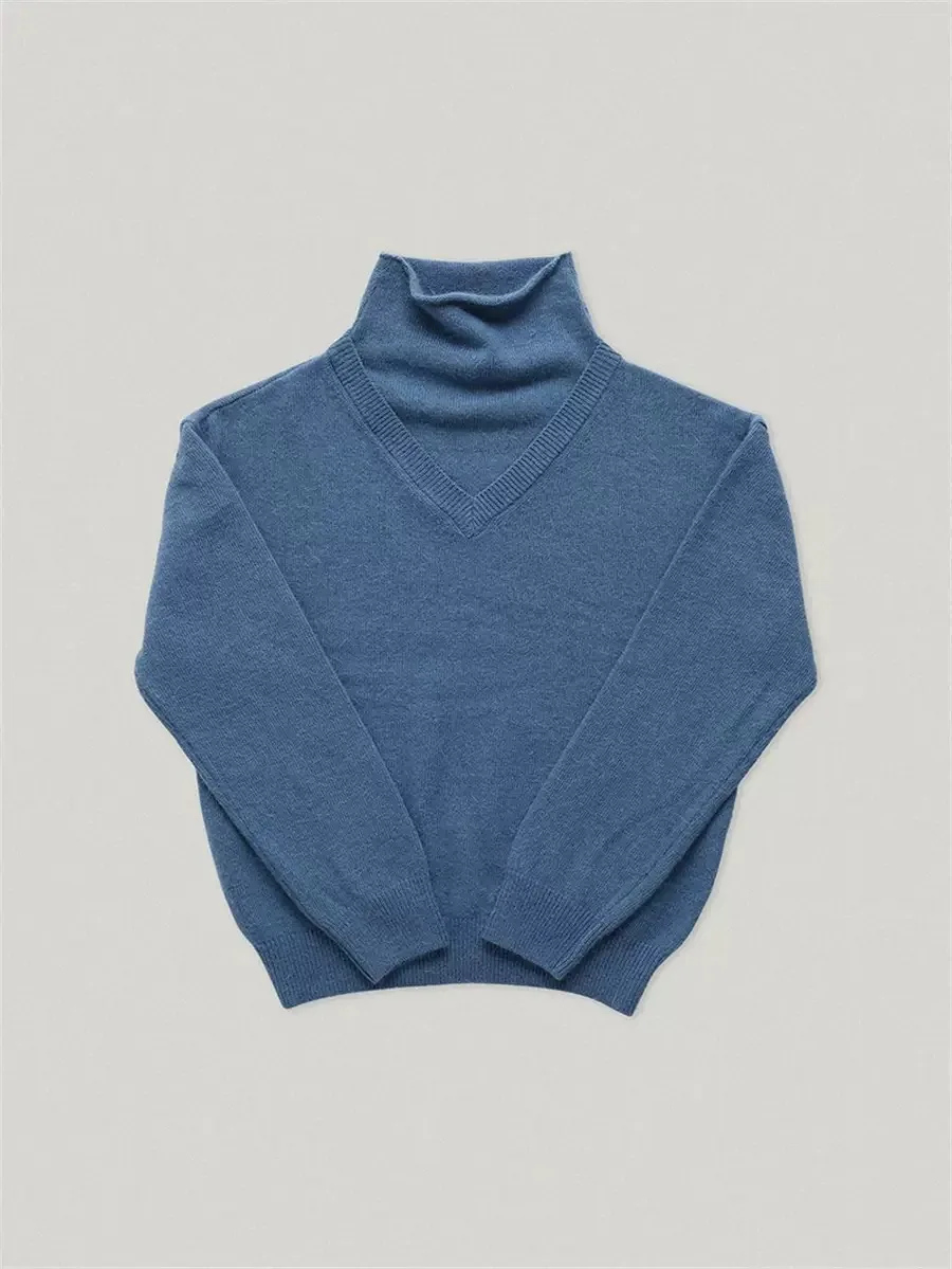 Sli عالية الياقة الأزرق محبوك سترة Faionable وهمية قطعتين الخريف الشتاء جديد وصول المرأة فضفاضة تناسب اللون