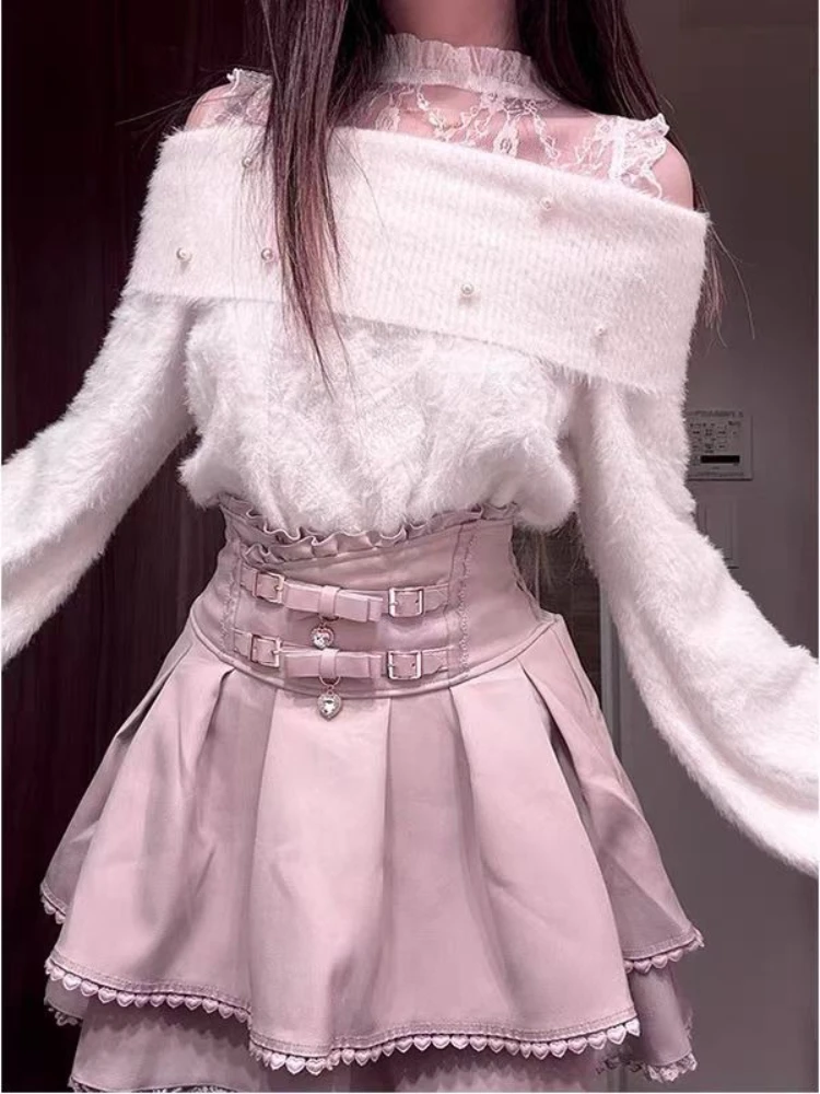 Japanese Style Kawaii Cute Lolita Skirt Sets Women Sweet Lace Off Shoulder Pearl Sweaters High Waist Mini Skirts Gothic Y2k Suit