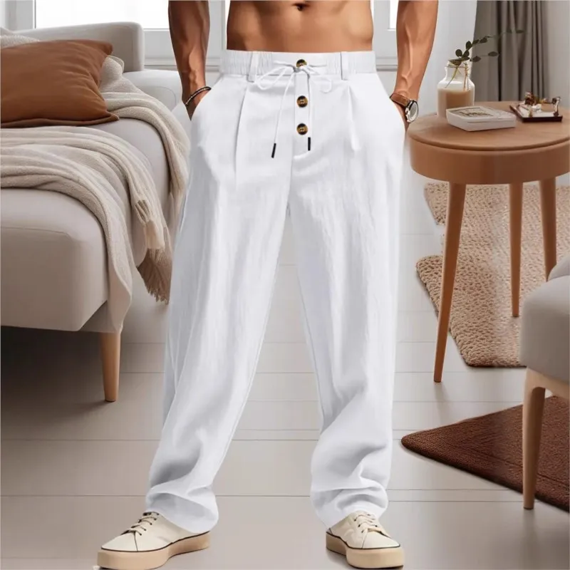 

New Solid color cotton linen Men's casual breathable pants,Beach outdoor loose straight pants, Fashionable street sport pants