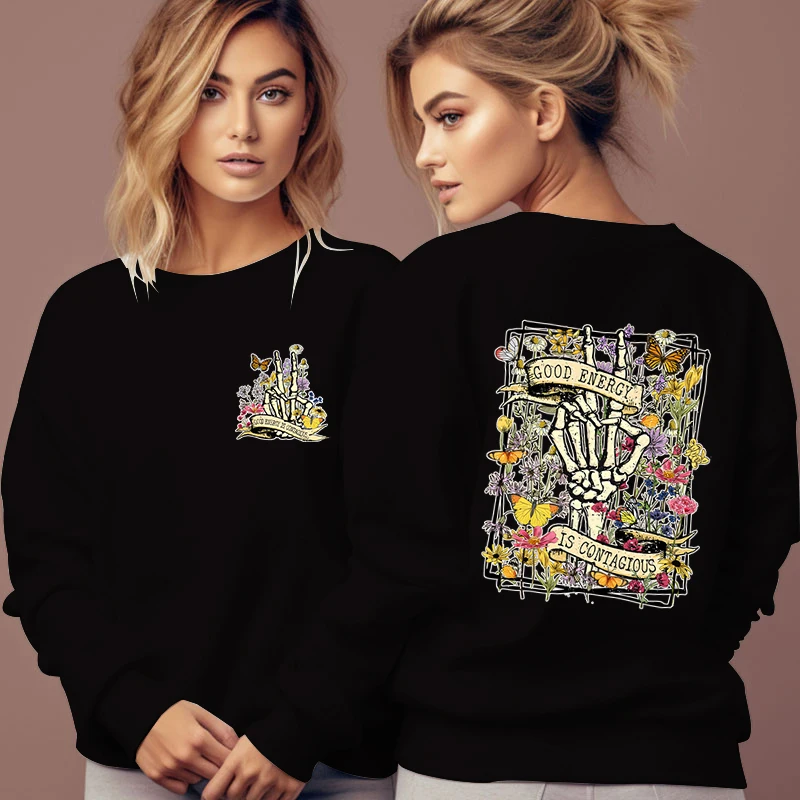 Women's Skull Sweatshirts Good Energy Is Contagious Print Hoodies Vintage Wildflower Butterfly Pullover Fashion Crew Neck Hoody