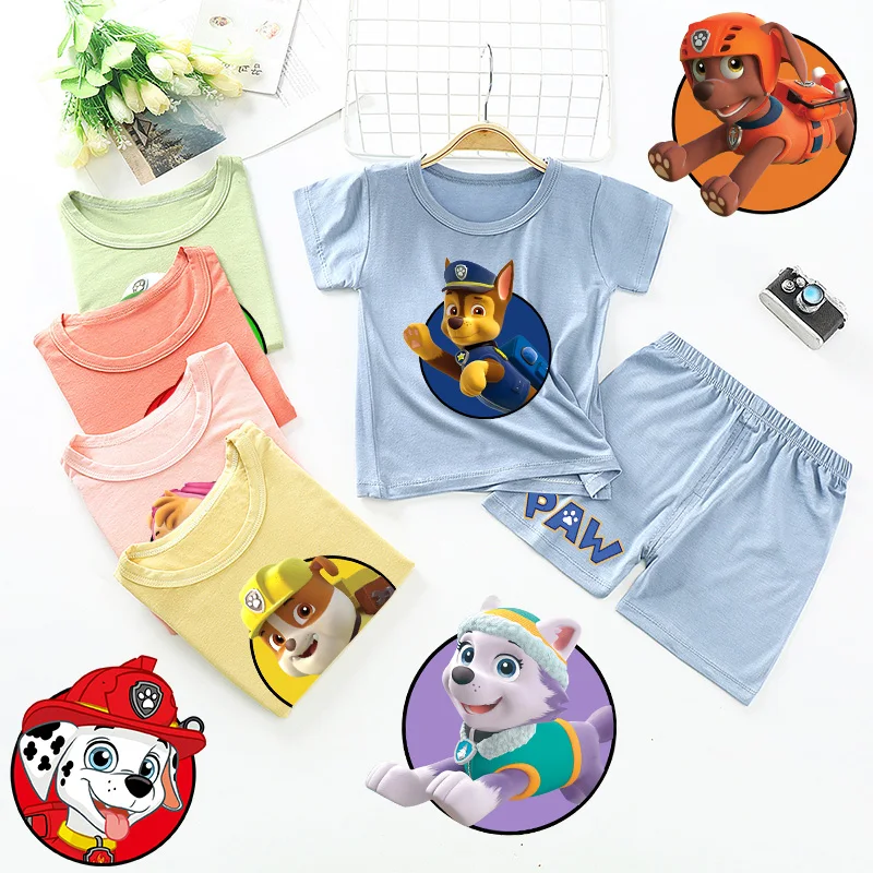 

Детский пижамный комплект «Щенячий патруль», летняя мультяшная одежда для отдыха, милые топы с коротким рукавом и шорты для мальчиков и девочек, подарок на день рождения