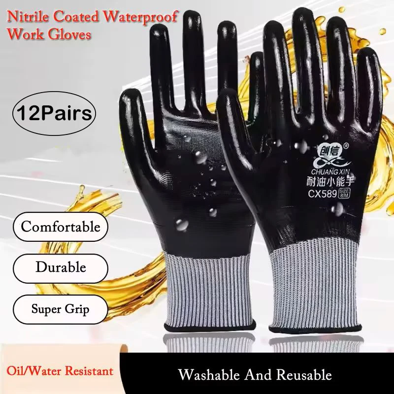12pair Anti-Slip Blue/Black Nitrile Fishing Repairing Coated Waterproof Safety  Oil/Resistant For Garden Water Work Gloves