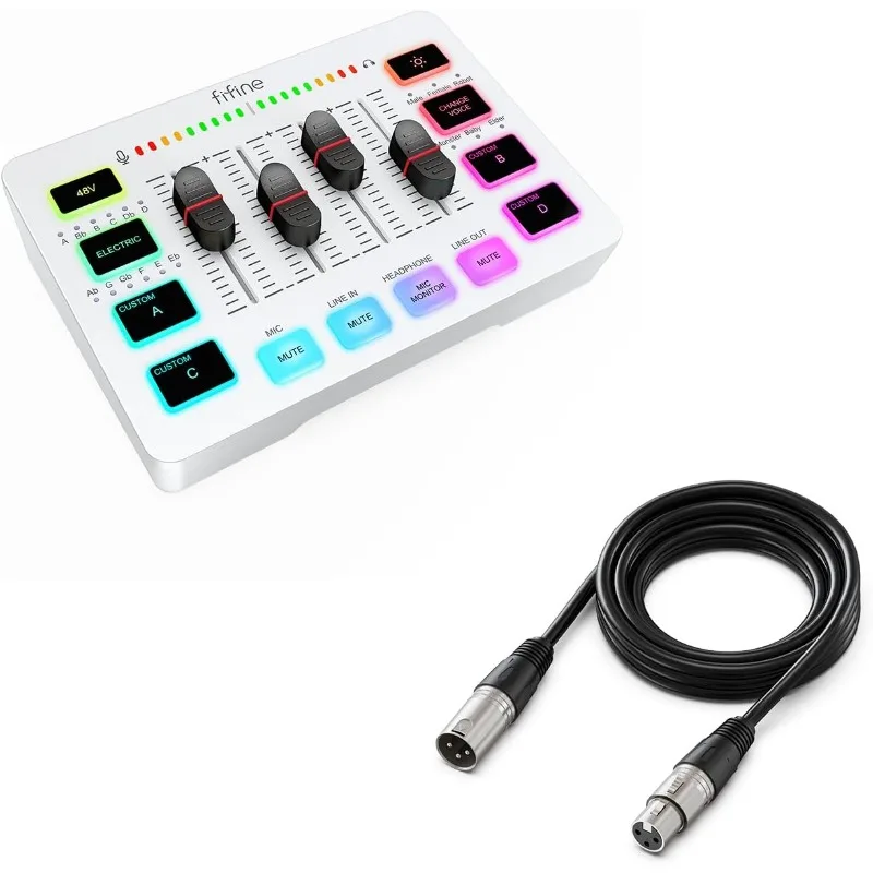 

Audio mixer and XLR cable, PC gaming mixer with XLR microphone interface, volume fader, individual control channels