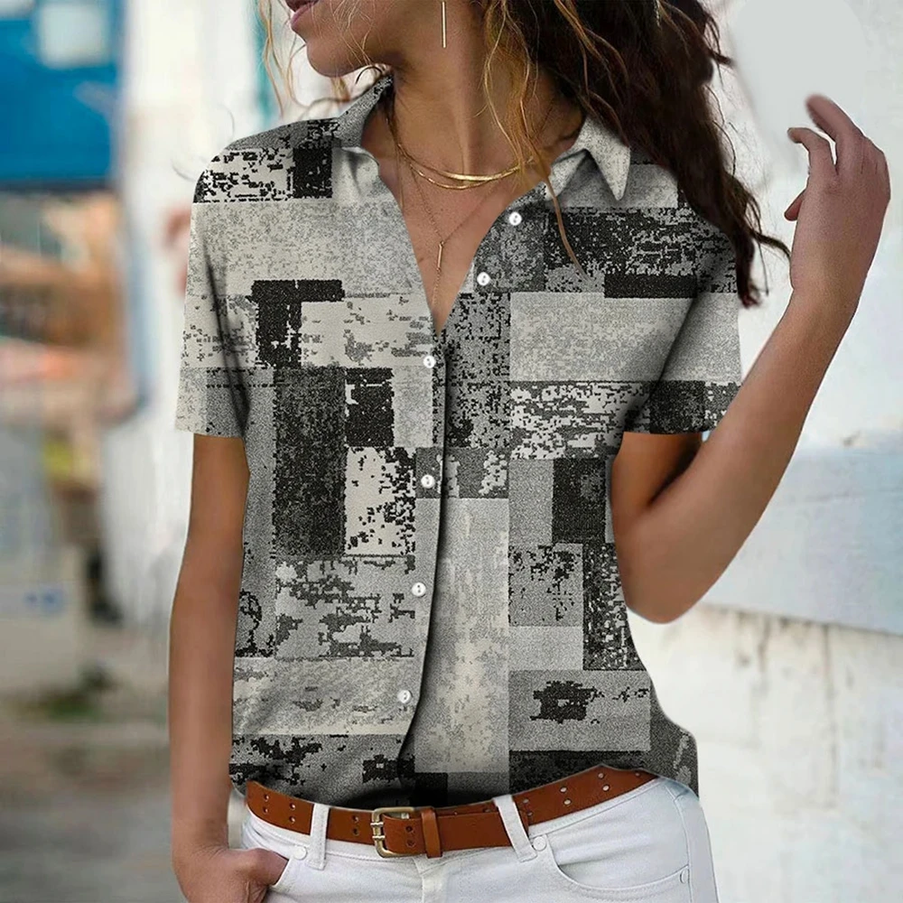 Women\\\'s Shirt Blouses Vintage Geometric Block Print Button Short Sleeve Shirt,Fashion Shirt Collar Fit 2024 Spring & Fall Tops