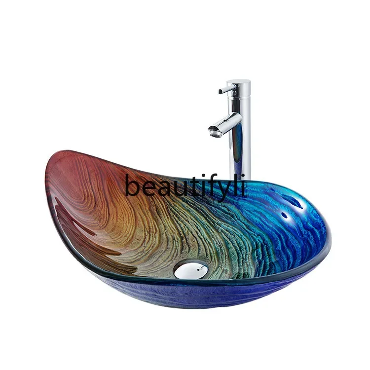 

ss Bathroom tempered glass wash basin Hotel creative art oval water drop platform basin B & B basin blue 03A