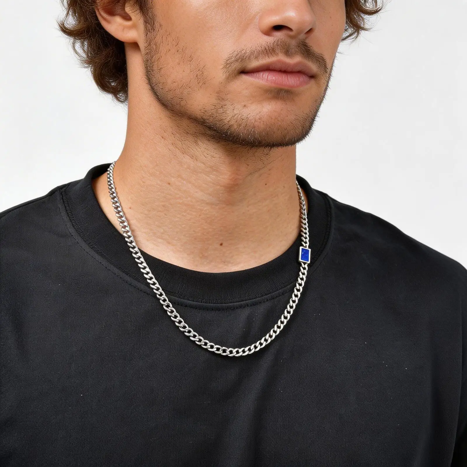 

Men's Blue Natural Stone Chain Necklace,5mm Trendy Stainless Steel Cuban Link Choker,Hip-hop Punk Jewelry Gift