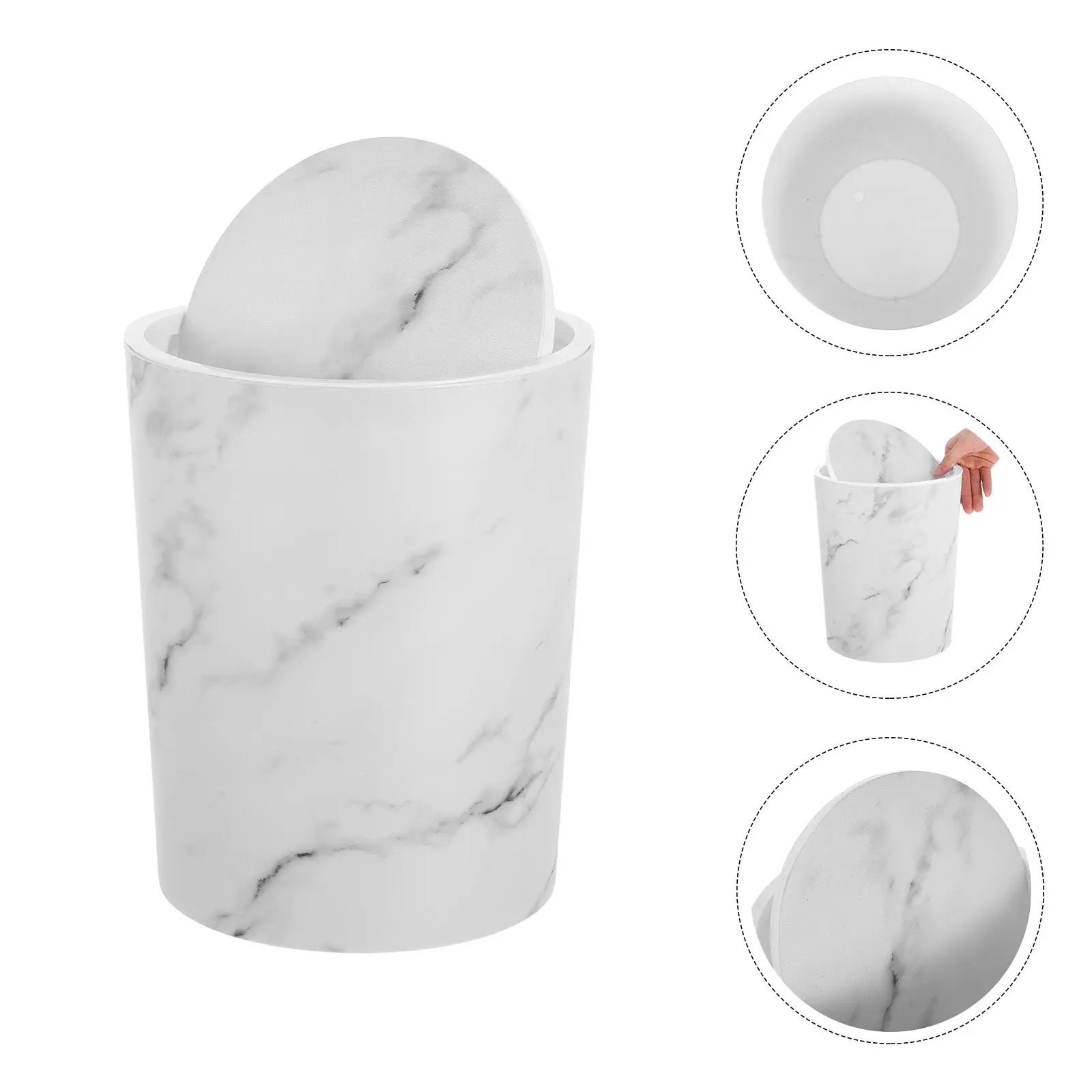 Marble Pattern Large Plastic Trash Bin Swing Lid Wastebasket for Kitchen Living Room Office Bathroom Secure Bag Ring Elegant