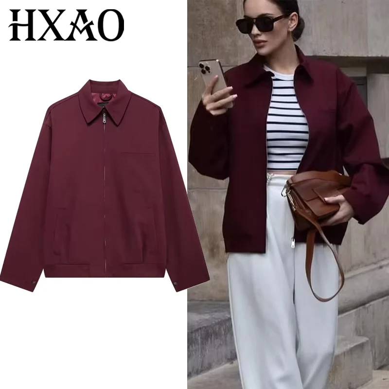 HXAO Womens Jacket Autumn Zip Bomber Jackets Outerwears Loose Burgundy Long Sleeve Coats Casual Demi-Season Jacket For Women
