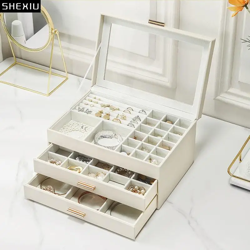 European Drawer Type Makeup Box Dressing Table Magnetic Switch Separate Grid Storage Jewelry Organizer Necklace Hanging Rack