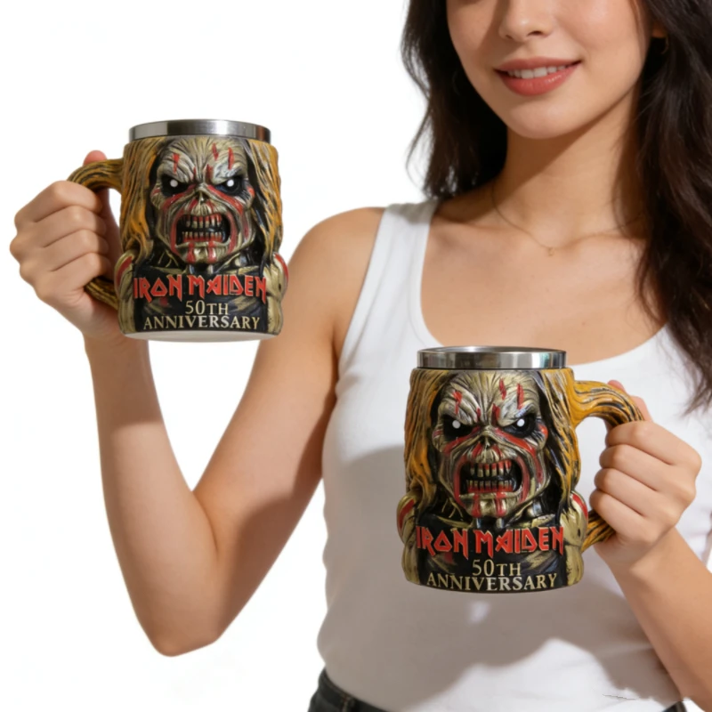

Artistic 3D Relief Monster Mug - Vintage Heavy Metal Aesthetic, Stainless Steel Liner, Resin Craft Tankard, 50th Anniversary