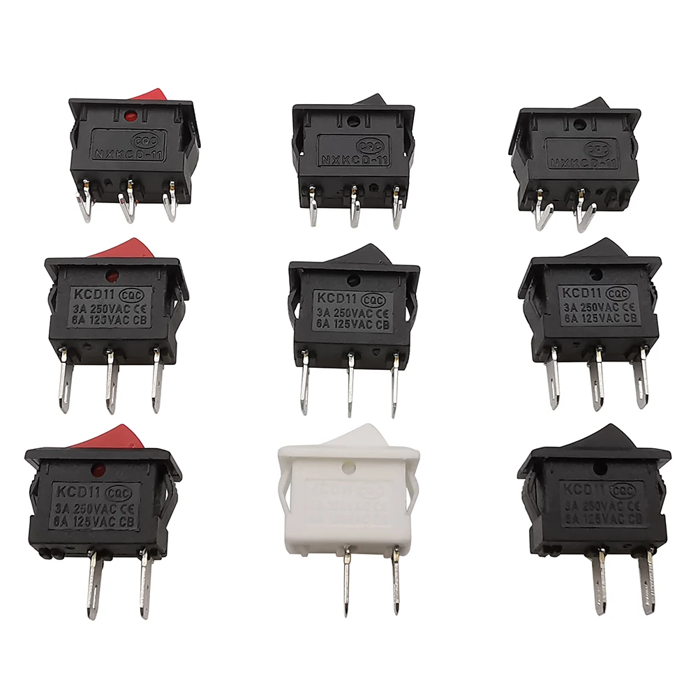 10Pcs KCD11 10x15mm 2Pin 3Pin Snap-in Mini Push Button Switch ON-OFF/ON-OFF-ON Rocker Switch SPST 3A 250VAC/6A 125VAC