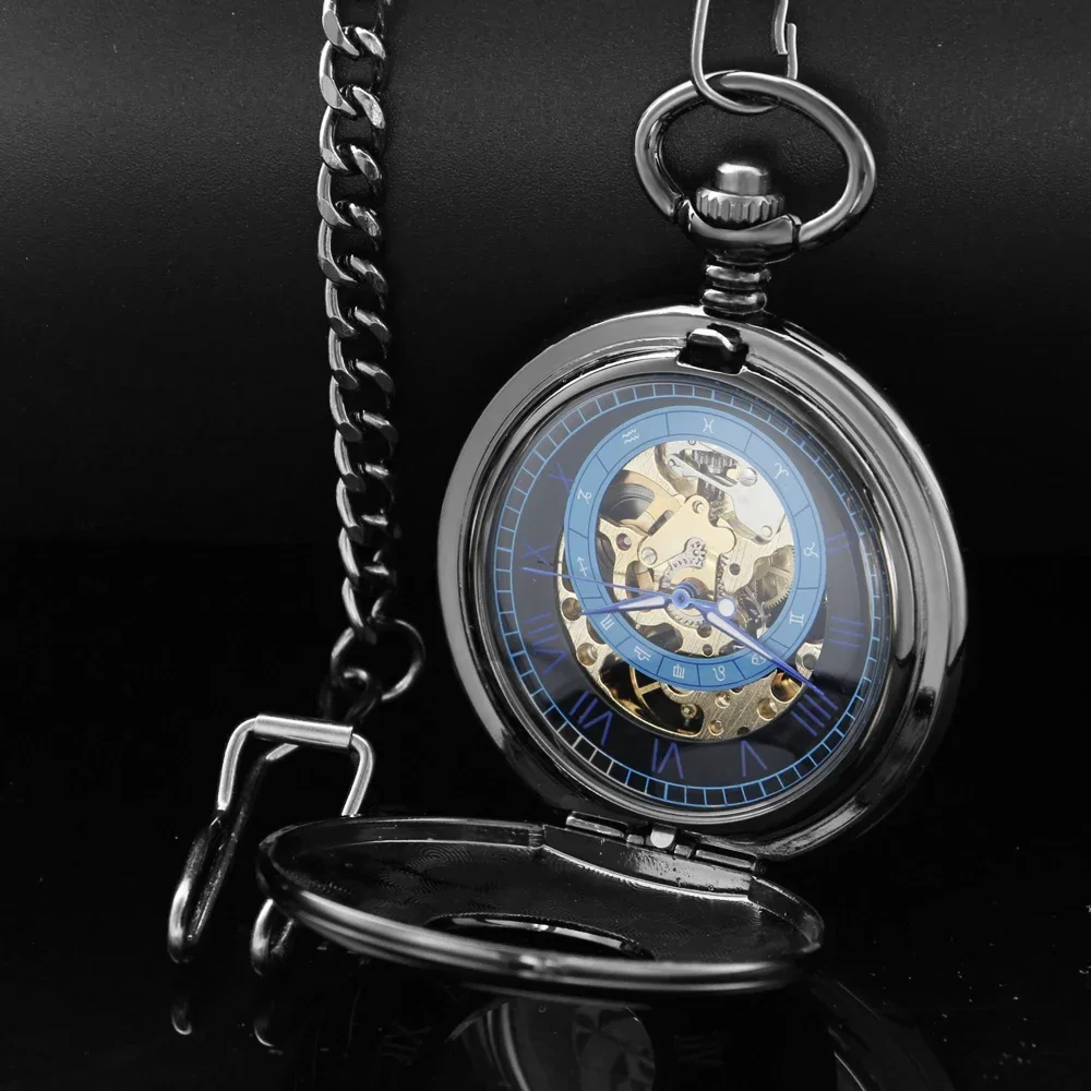 Hollow Luxury Black Classical Hand Wind Mechanical Pocket Watch Men Steampunk Vintage Dress Fob Watches Pendant with Chain