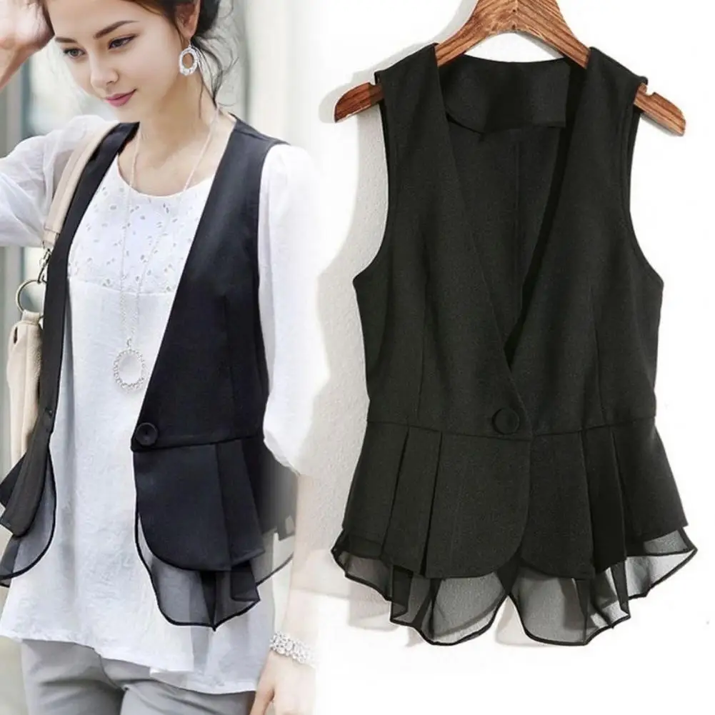 Women Cardigan Waistcoat Stylish Ruffle Mesh Vest Coat for Women Slim Fit Suit Waistcoat with Single Button Closure Solid Color