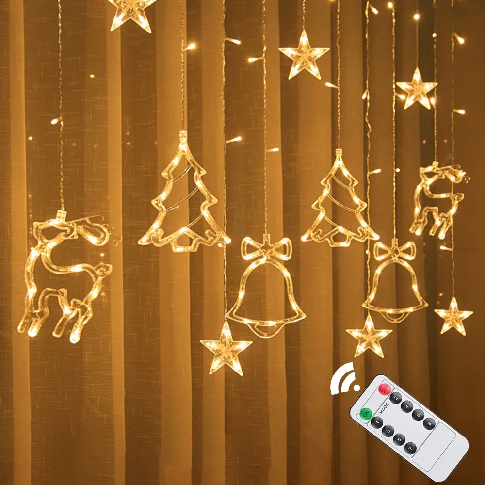 2024 ปีใหม่คริสต์มาสไฟ LED Curtain String ไฟ Fairy Garland โคมไฟสําหรับหน้าต่างบ้านห้องนอนงานแต่งงานเทศกาลตกแต่ง