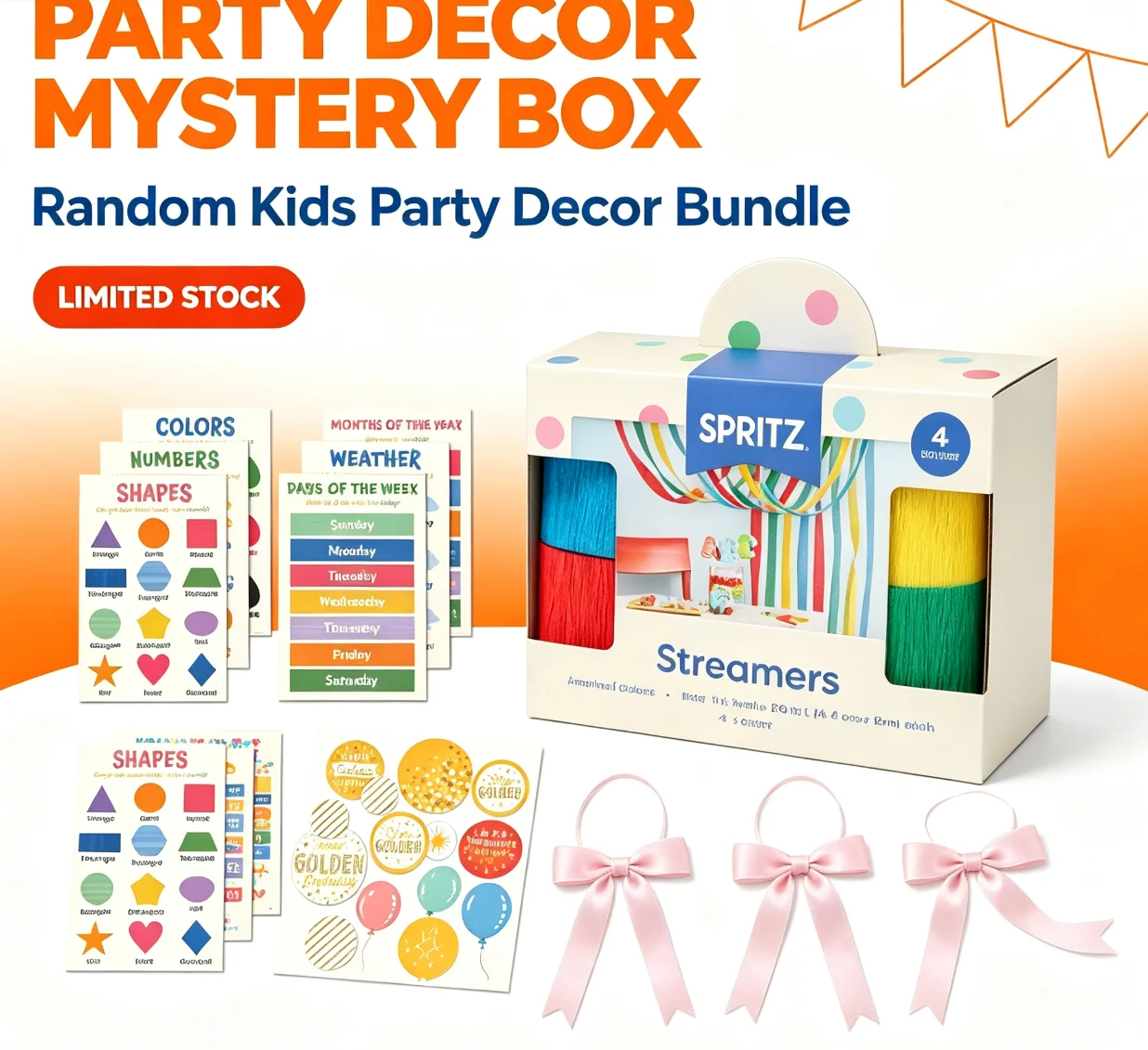 All Occasion Party Decor Mystery Blind Box, Random Theme Giant Circle Confetti Dot Stickers, Color Crepe Paper Streamers, Kids Educational Learning Posters, Satin Pre-Tied Bows, Birthday Graduation Classroom Lucky Surprise Gift Box, Random Style view 4
