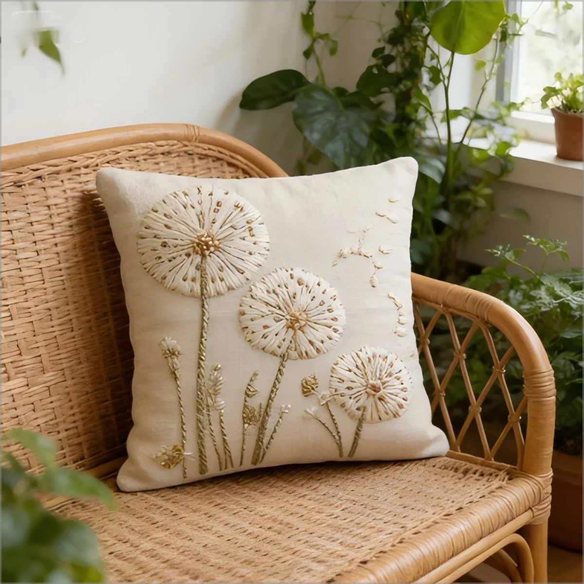 Boho 2D Dandelion Pillow Cover Faux Embroidery Print Luxury Beaded Floral Cushion Case for Sofa Bed Couch  Gift Boho Home Decor