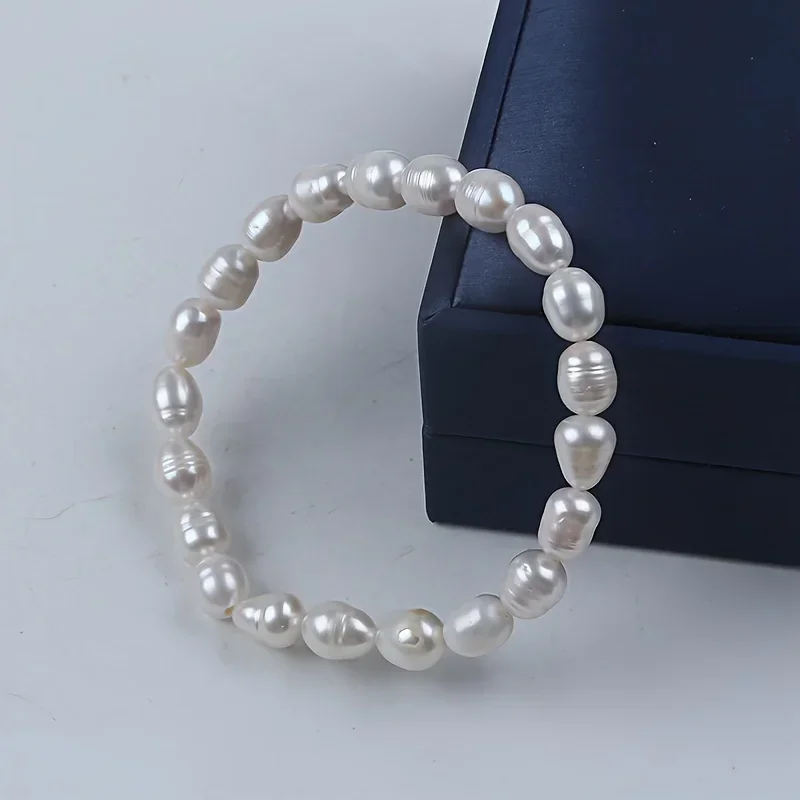 HENGSHENG 7-8mm Rice Shape Freshwater Pearl Charm Bracelets for Women Girls 17cm Elastic Rope Women's Hand Bracelet Jewelry Gift