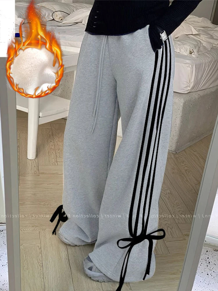 Winter Korea Seitenst reifen weites Bein Jogging hose Plüsch Samt gefüttert hohe Taille Baggy Pants lässig Vaqueros elegante neue Frauen Spodnie