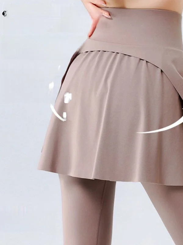 ハイウエストヨガパンツ女性のランニングフィットネスシャークスキンパンツ春秋アウターフェイクツーピーススカートパンツ