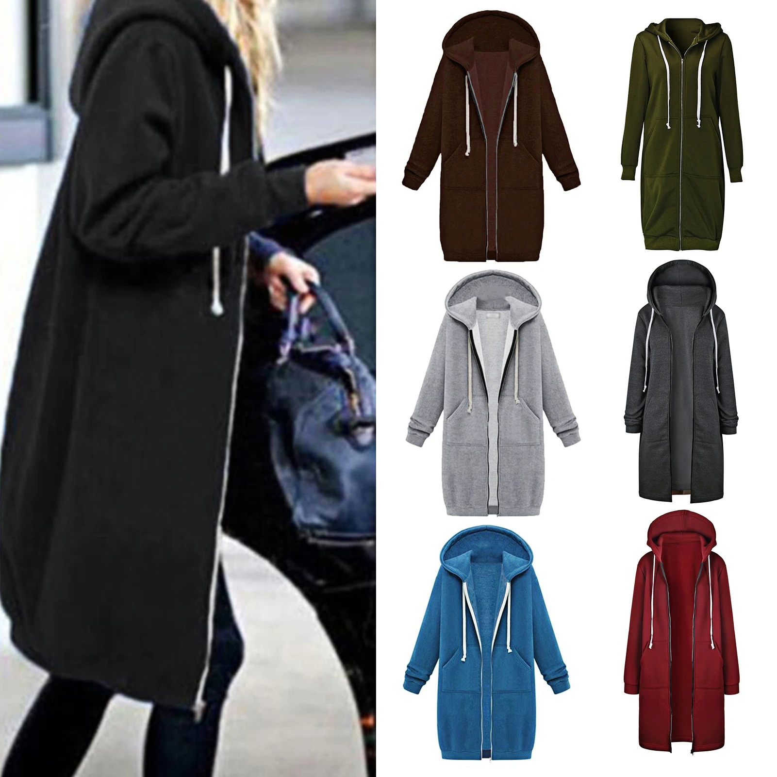 Women Jacket Solid Side Pockets Hoodie Long Sleeve Zipper Closure Drawstring Streetwear Hooded Female Sweatshirt Ladies Clothing