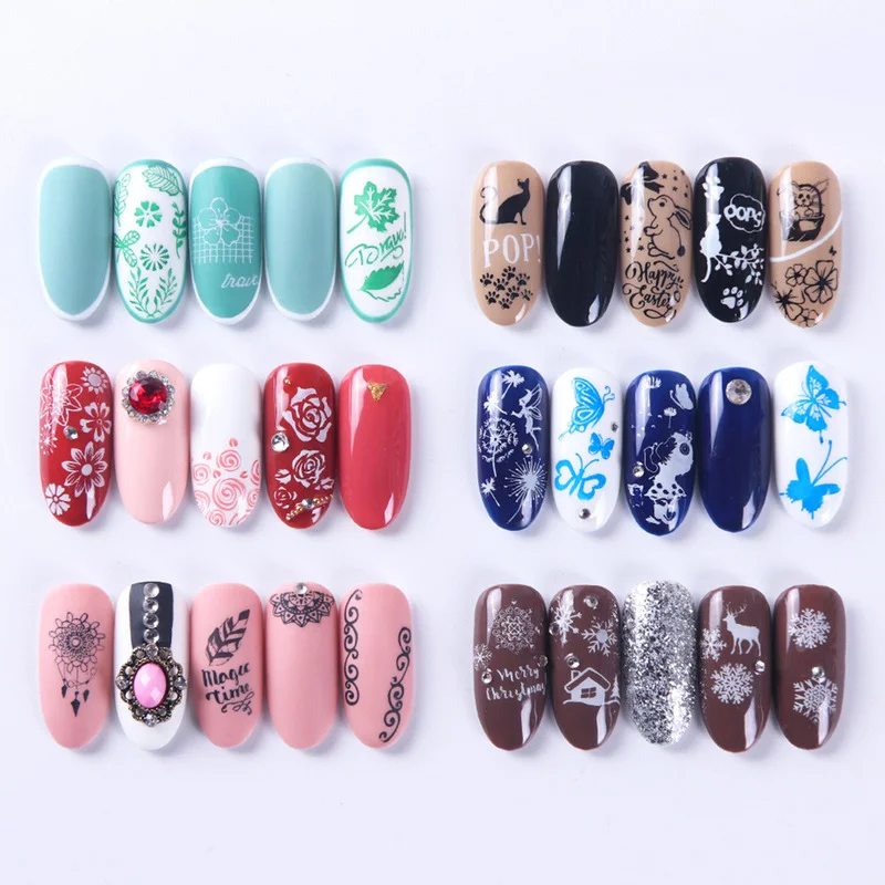 12 Ontwerpen Retro Bloem Vlinder Nail Art Sjablonen Stempelplaat Sneeuwvlok Dier Kant Stempel Sjablonen Plaat Afbeelding Decor Gereedschap