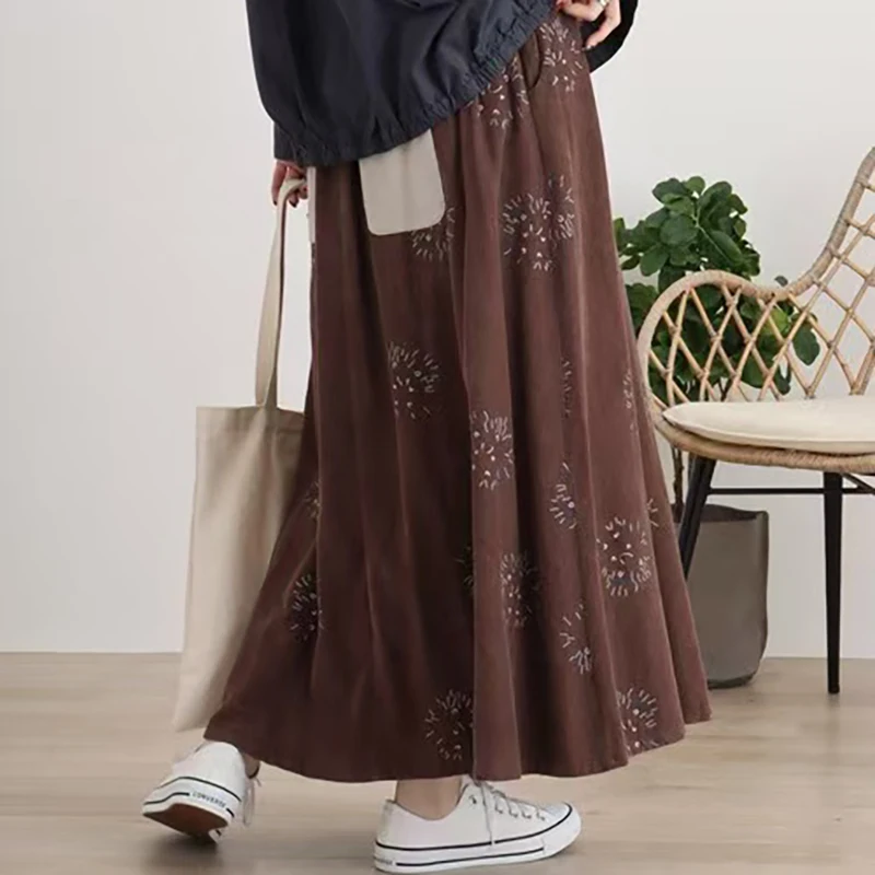 

Осенне-зимняя женская юбка из вельвета с вышивкой в виде фейерверков, эластичным поясом и универсальным дизайном, в стиле Sweet Sle Umbrell