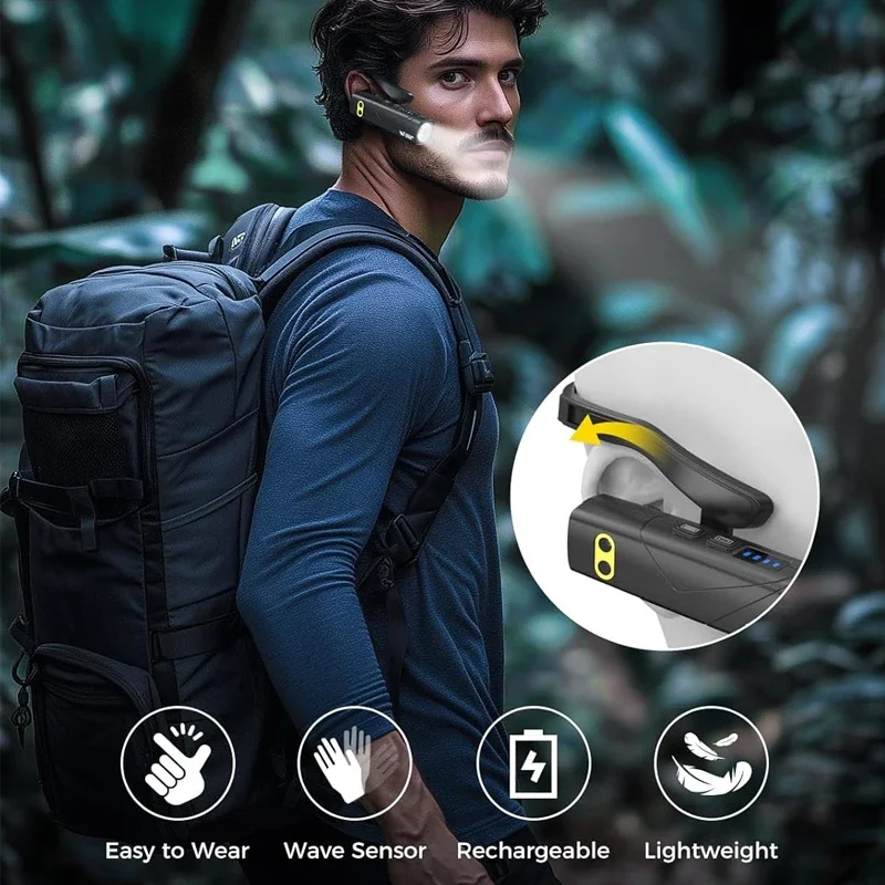 كشافات LED قابلة لإعادة الشحن مثبتة على الأذن مع ضوء أحمر، مستشعر حركة، شحن USB للعمل والتخييم والمشي لمسافات طويلة والجري