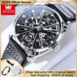 OLEVS 6685 Automatic Watch for Men Golden Skeleton Stainless Steel Waterproof Leather Strap Sports Men's Mechanical Wristwatches