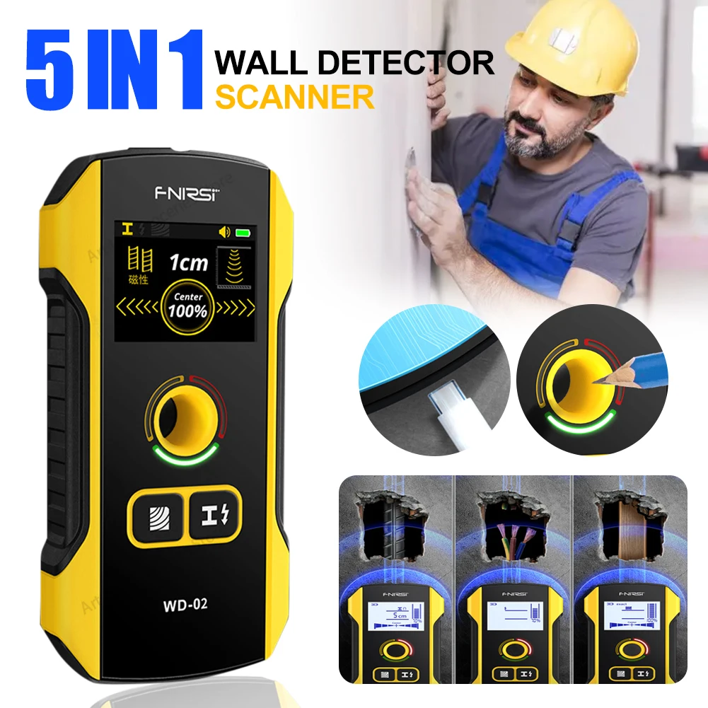 WD-02 Stud Finder Wall Scanner Detector 5 In 1 USB Rechargeable with Positioning Hole for AC Live Wires Metal Wood Stud Detector