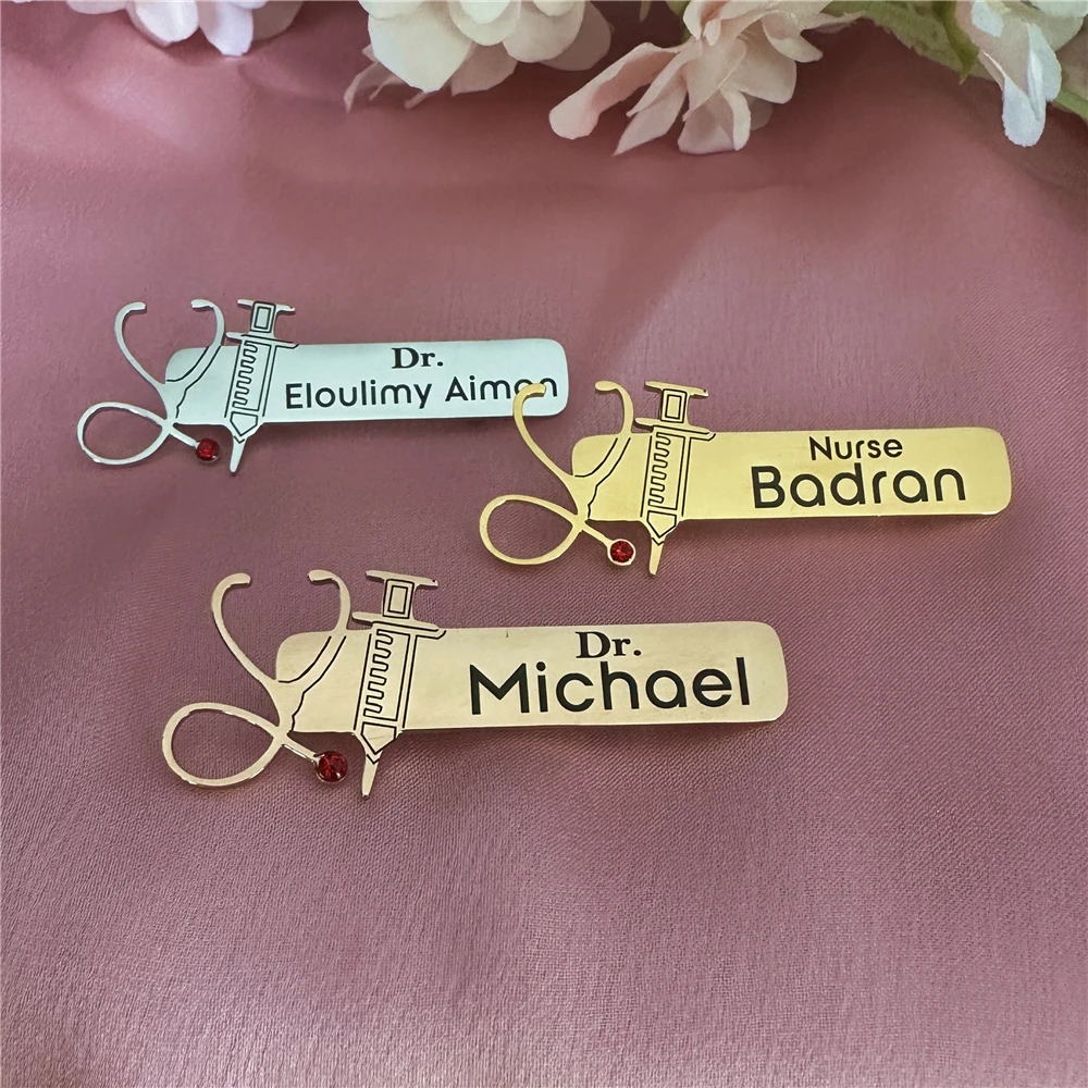 Estetoscopio personalizado, jeringa con nombre personalizado para enfermera, broche profesional de acero inoxidable para médico y enfermeras