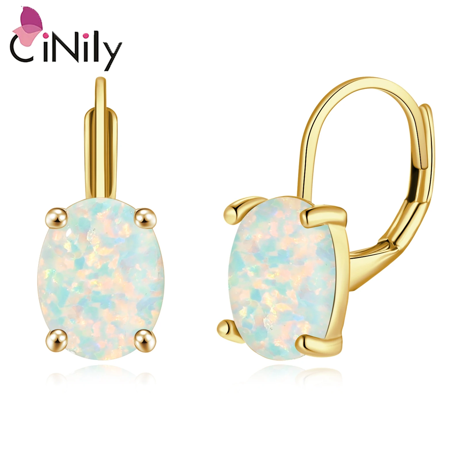 CiNily Created White Fire Opal Hoop Earrings for Women Yellow Gold Plated Oval Gemstone Hoop Earring Bohemia Boho Summer Jewelry