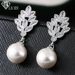 LXOEN 2023 Trend Imitation Pearl Dangle Earring for Women Luxury Silver Color Bling Cubic Zirconia Fashion Elegant Lady Jewelry